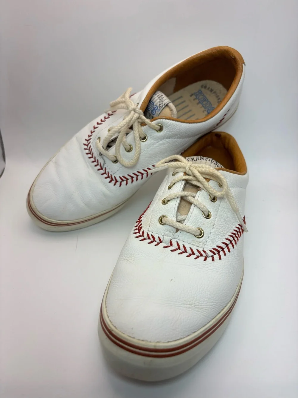 Keds VTG White Leather Sneakers with Red Baseball Stitching  7.5
